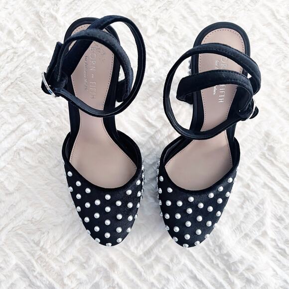 Born on Fifth for Antonio Melani Emily Black Velvet Pearl Platform Pumps - Picture 2 of 8